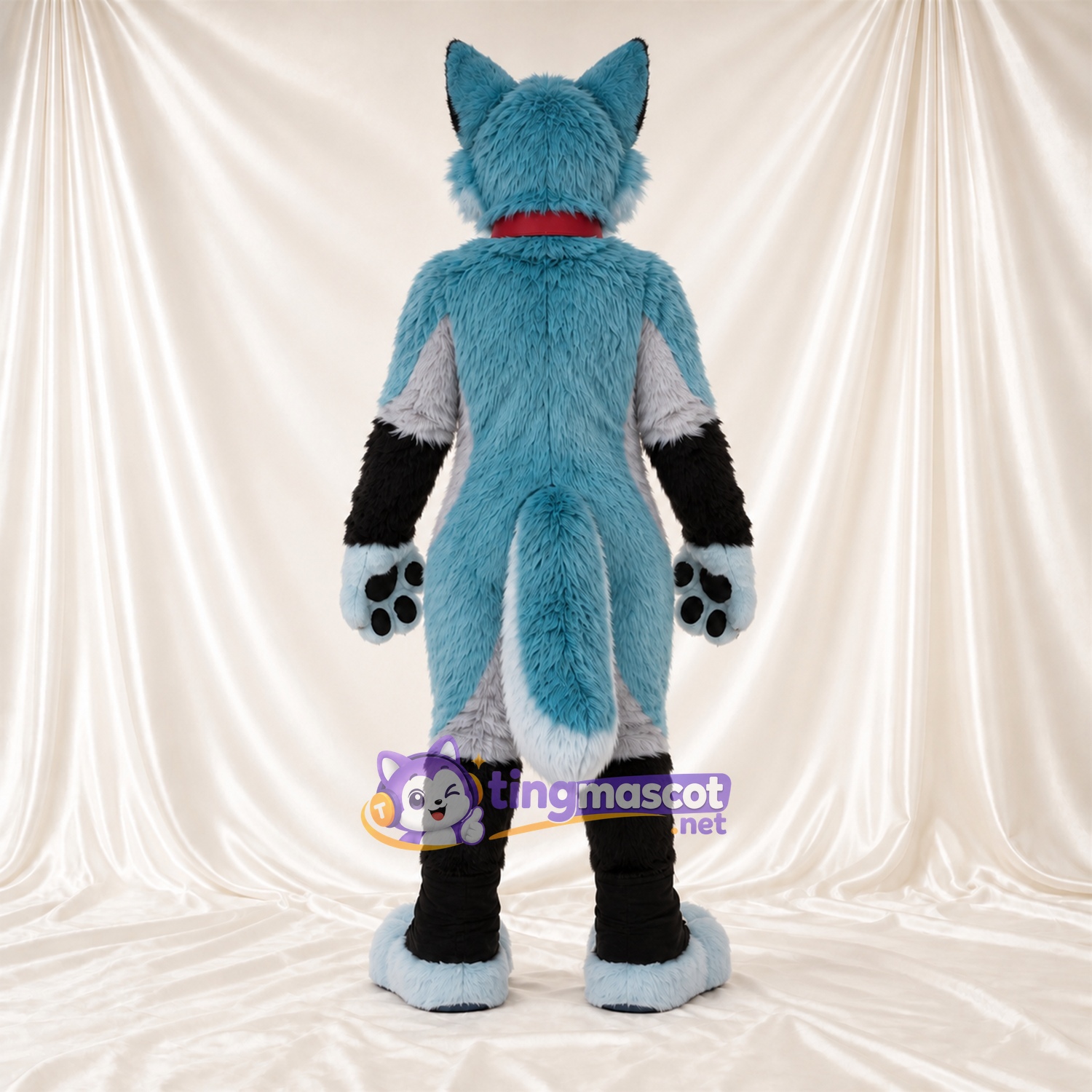 Costume de mascotte Husky – bleu / blanc – Coussinets (bleu); Col (rouge)