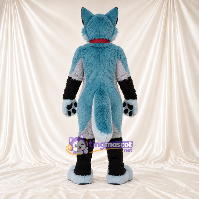 Costume de mascotte Husky – bleu / blanc – Coussinets (bleu); Col (rouge)