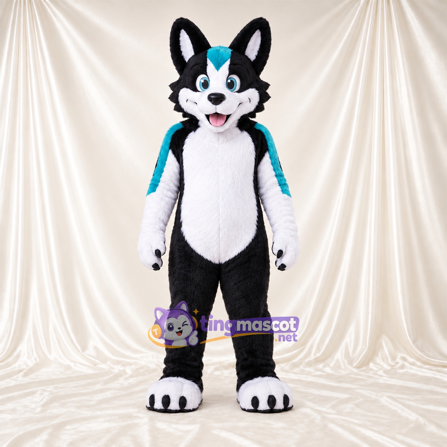 Black and White Husky Mascot Costume - Turquoise Accents Black and White Husky Mascot Costume - Turquoise Accents