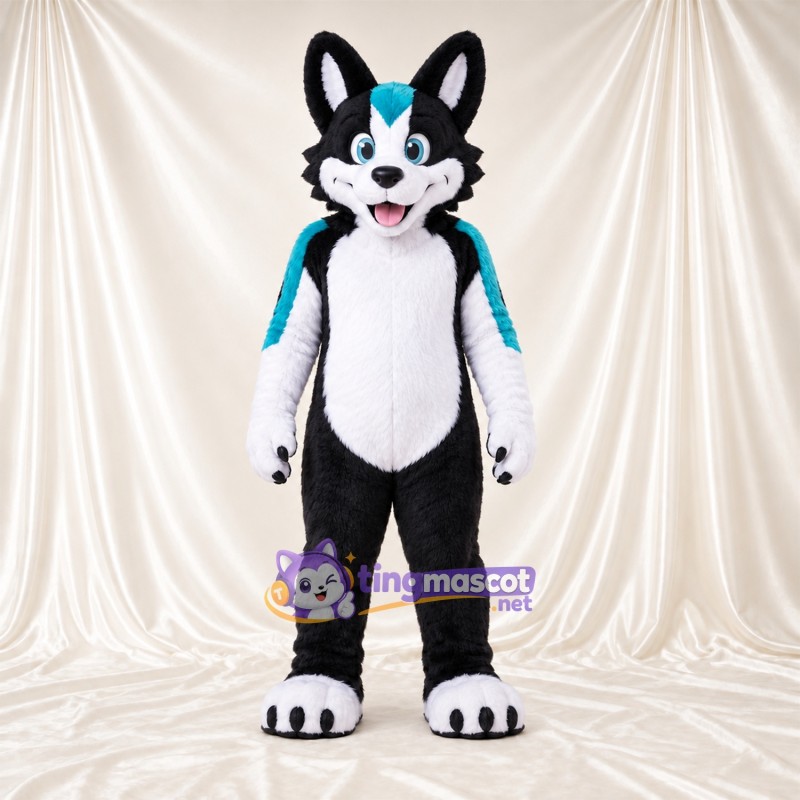Black and White Husky Mascot Costume - Turquoise Accents Black and White Husky Mascot Costume - Turquoise Accents