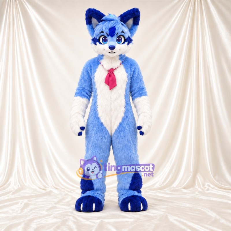 Maskottchenkostüm Husky – blau / weiß – Krawatte (rot) Maskottchenkostüm Husky – blau / weiß – Krawatte (rot)