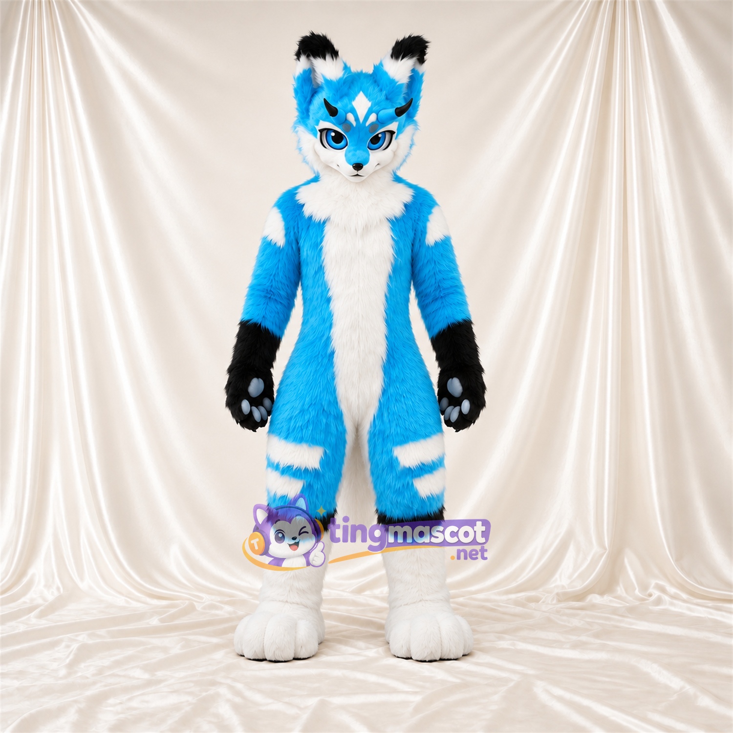 Costume de mascotte Husky – bleu / blanc – Coussinets (noir); Jambes