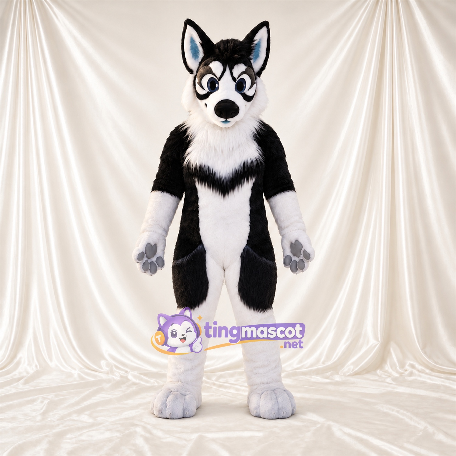 Black and White Husky Mascot Costume - Gray Paw Pads and White Lower Legs Black and White Husky Mascot Costume - Gray Paw Pads and White Lower Legs