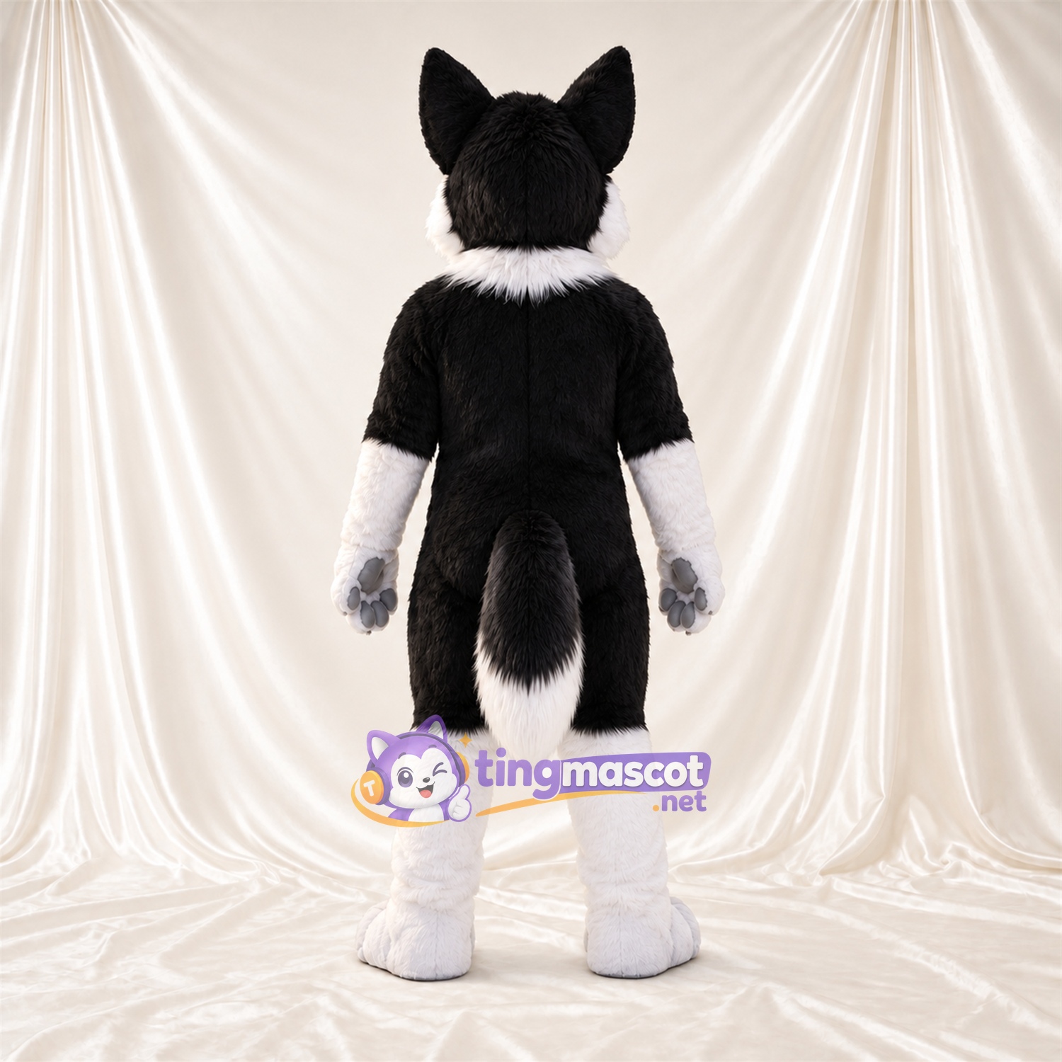 Black and White Husky Mascot Costume - Gray Paw Pads and White Lower Legs Black and White Husky Mascot Costume - Gray Paw Pads and White Lower Legs