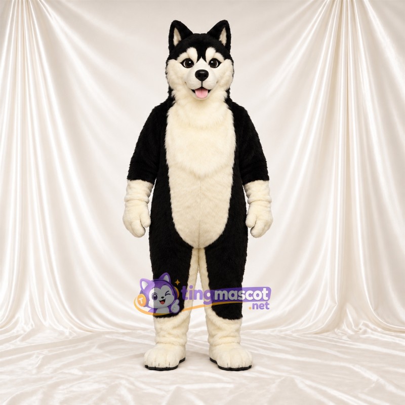 Costume de mascotte Husky – noir / blanc – Queue enroulée; Pieds (crème) Costume de mascotte Husky – noir / blanc – Queue enroulée; Pieds (crème)