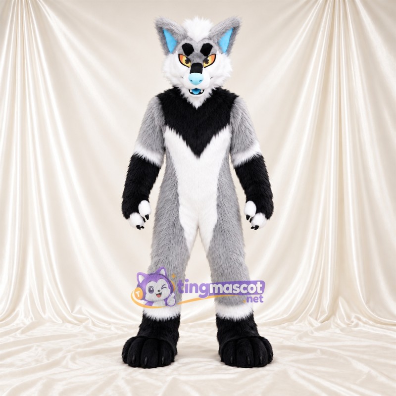 Maskottchenkostüm Fuchs – grau / weiß – Farbakzente (schwarz) Maskottchenkostüm Fuchs – grau / weiß – Farbakzente (schwarz)