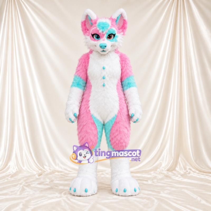 Costume de mascotte Chien – rose / blanc – Touches de couleur (turquoise); Boutons (bleu) Costume de mascotte Chien – rose / blanc – Touches de couleur (turquoise); Boutons (bleu)