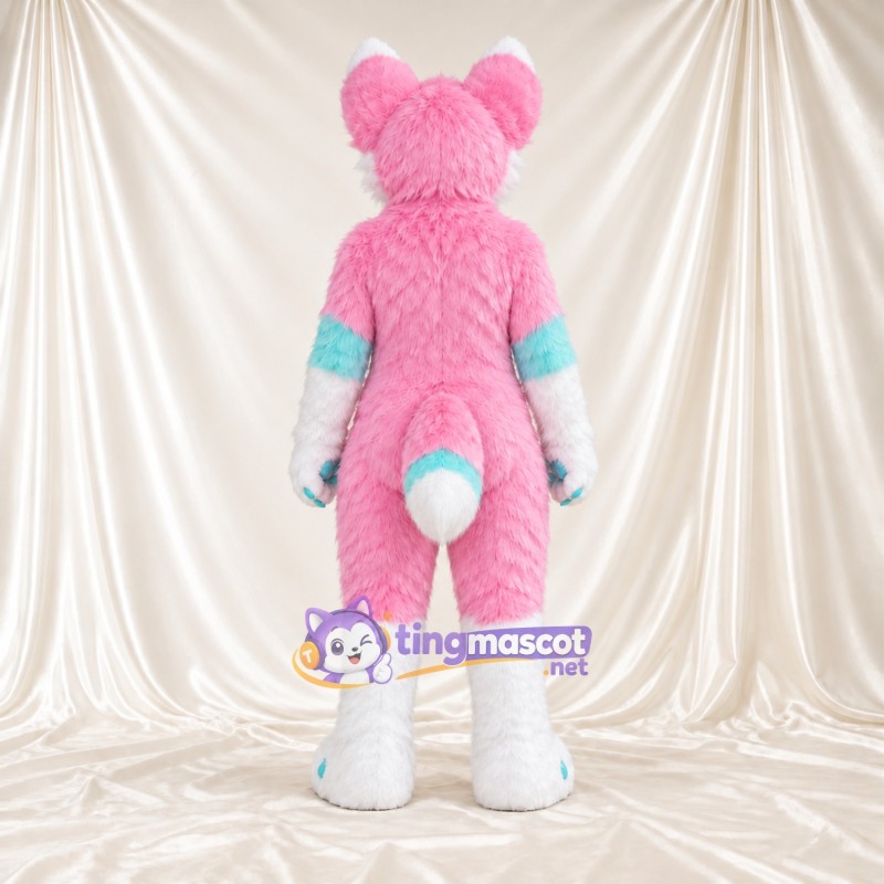 Costume de mascotte Chien – rose / blanc – Touches de couleur (turquoise); Boutons (bleu) Costume de mascotte Chien – rose / blanc – Touches de couleur (turquoise); Boutons (bleu)