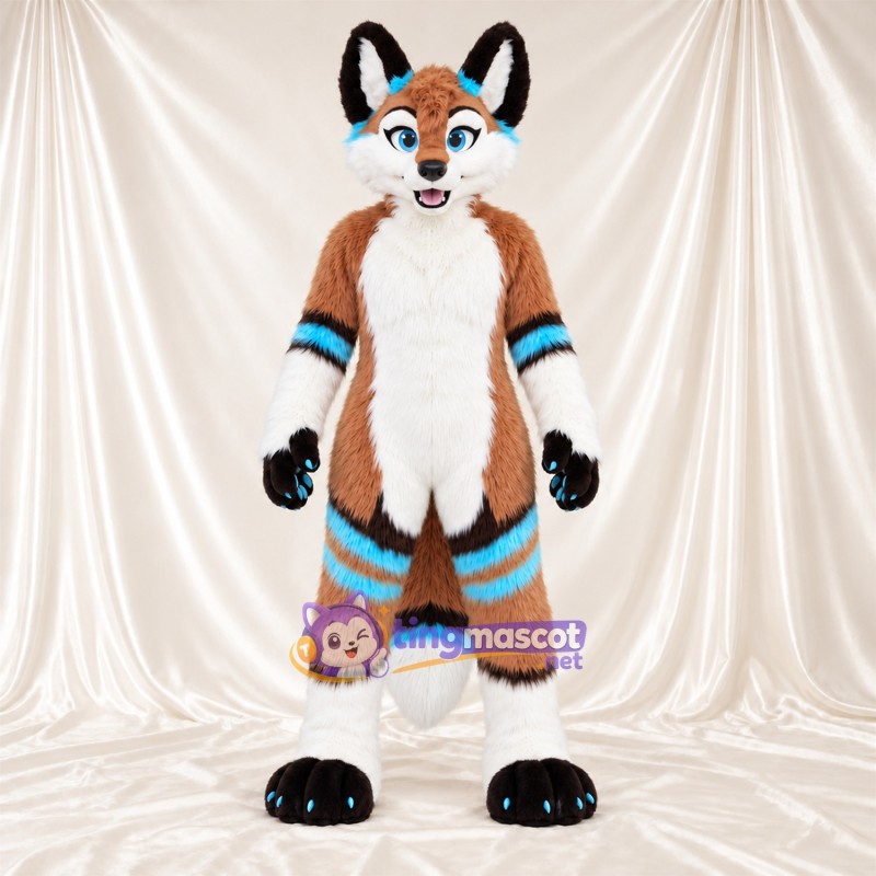 Brown and White Fox Mascot Costume - Blue Accents, Blue Paw Pads and Blue Arm and Leg Bands Brown and White Fox Mascot Costume - Blue Accents, Blue Paw Pads and Blue Arm and Leg Bands