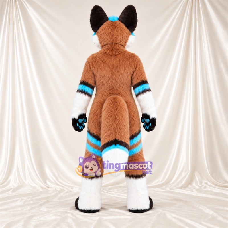Brown and White Fox Mascot Costume - Blue Accents, Blue Paw Pads and Blue Arm and Leg Bands Brown and White Fox Mascot Costume - Blue Accents, Blue Paw Pads and Blue Arm and Leg Bands