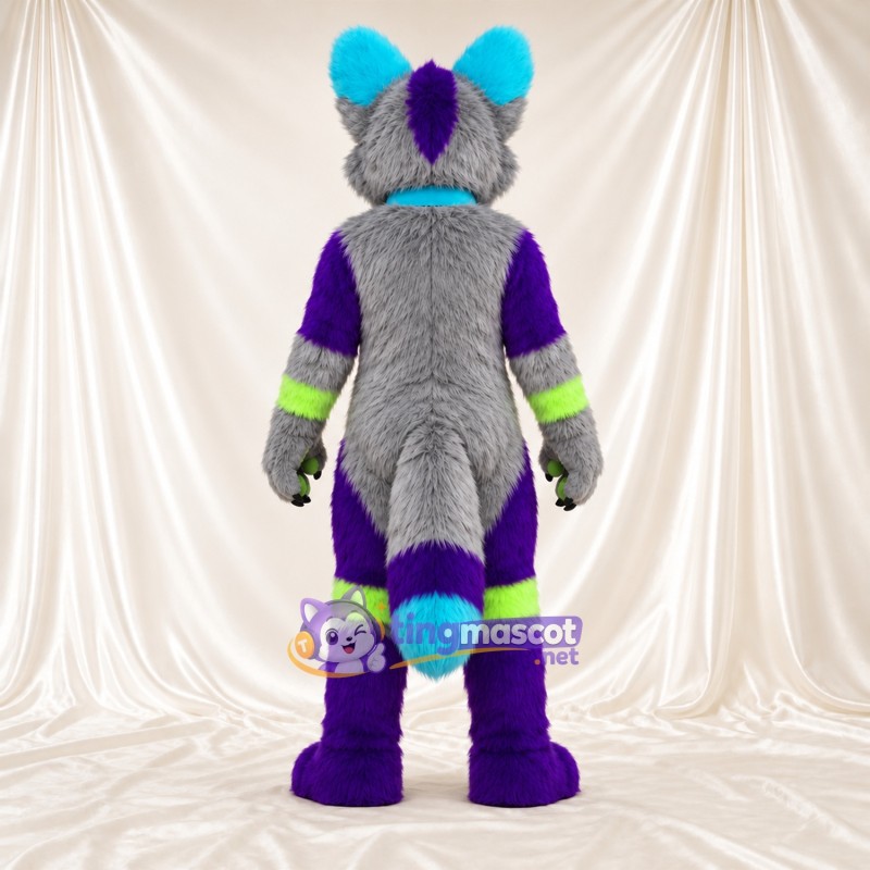 Maskottchenkostüm Hund – grau / violett – Farbakzente (grün / blau) Maskottchenkostüm Hund – grau / violett – Farbakzente (grün / blau)