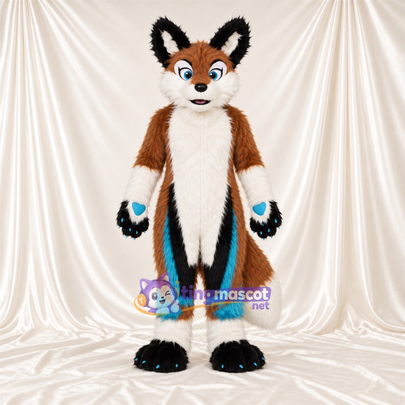 Brown and White Fox Mascot Costume - Blue Accents, White Tail Tip and Blue Paw Pads Brown and White Fox Mascot Costume - Blue Accents, White Tail Tip and Blue Paw Pads