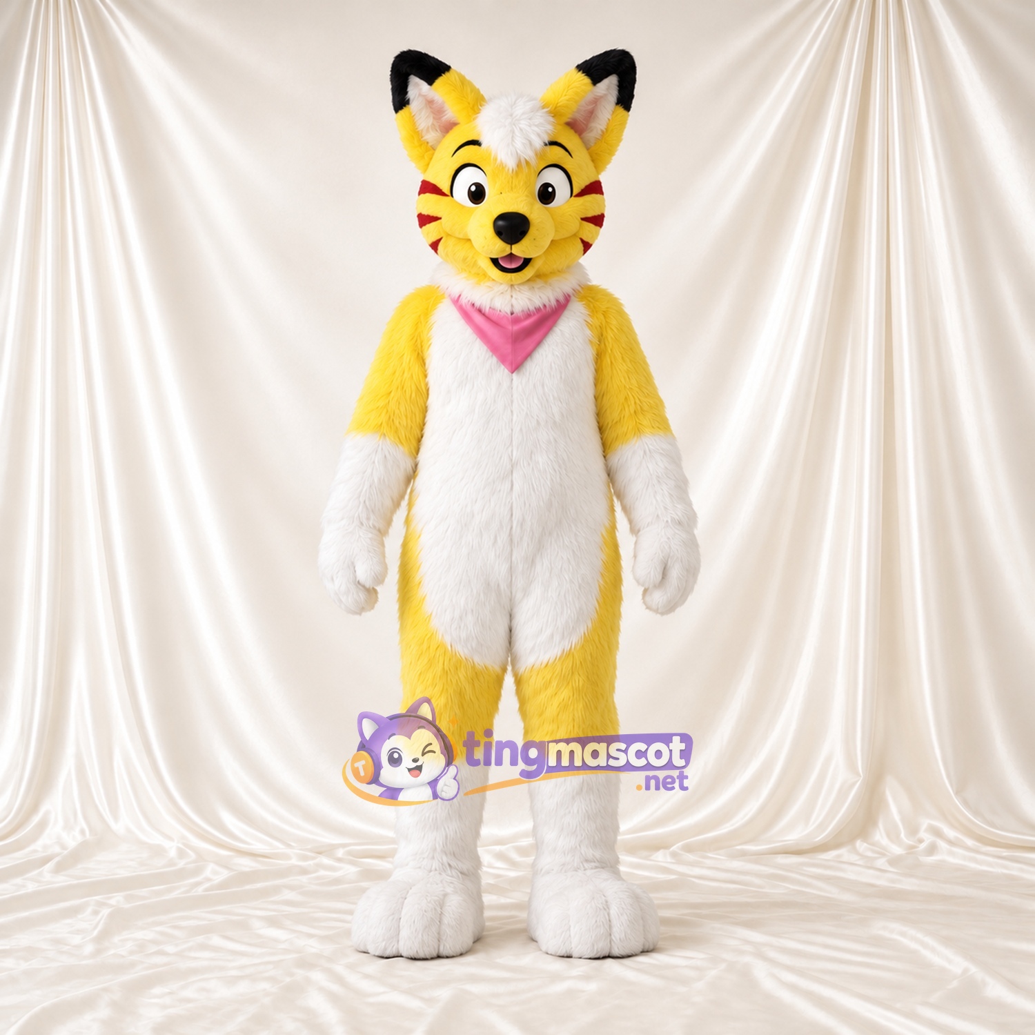 Costume de mascotte Chat – jaune / blanc – Bandana (rose) Costume de mascotte Chat – jaune / blanc – Bandana (rose)