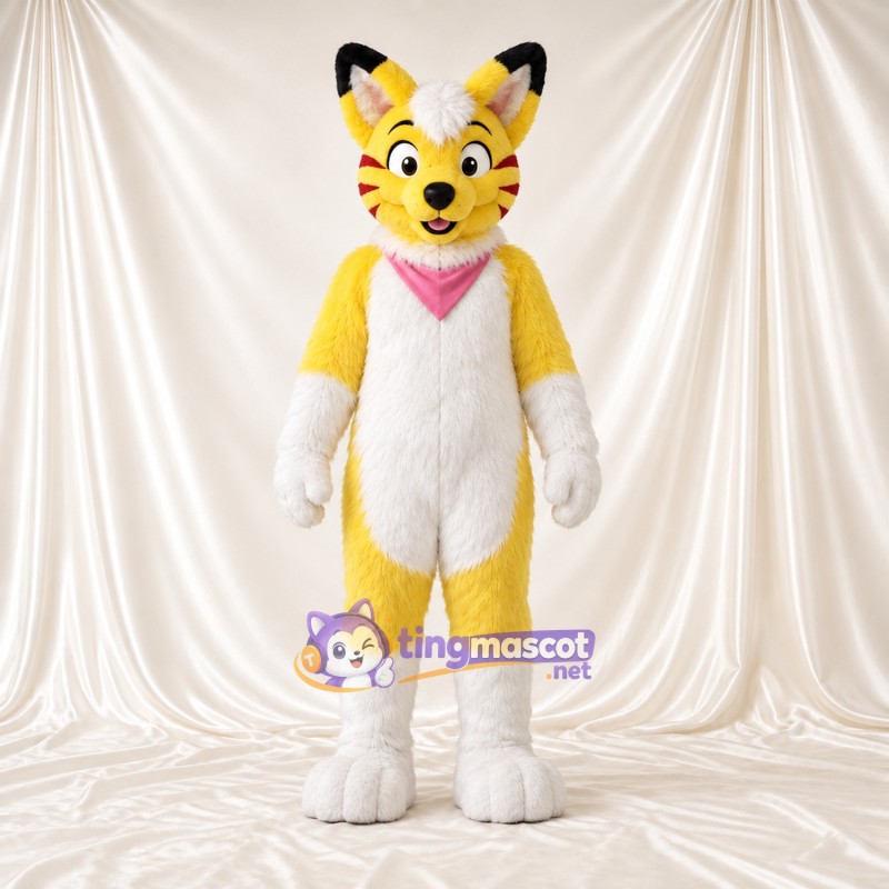 Costume de mascotte Chat – jaune / blanc – Bandana (rose) Costume de mascotte Chat – jaune / blanc – Bandana (rose)