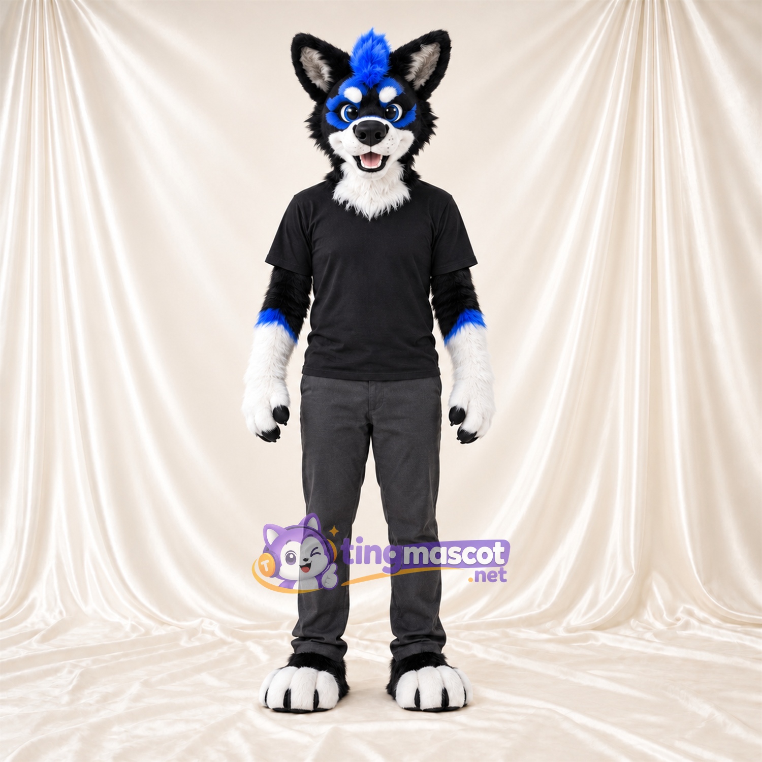 Black and White Husky Mascot Costume - Black Outfit and Blue Accents Black and White Husky Mascot Costume - Black Outfit and Blue Accents