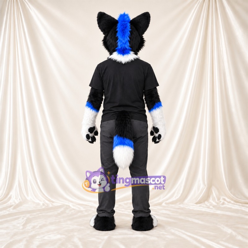 Black and White Husky Mascot Costume - Black Outfit and Blue Accents Black and White Husky Mascot Costume - Black Outfit and Blue Accents