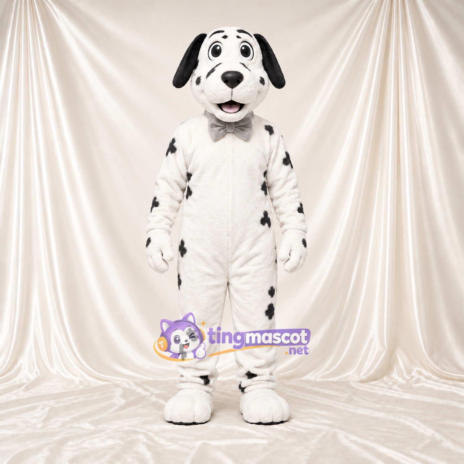 Black and White Dalmatian Mascot Costume - Gray Bow Tie and Sparse Black Spots Black and White Dalmatian Mascot Costume - Gray Bow Tie and Sparse Black Spots