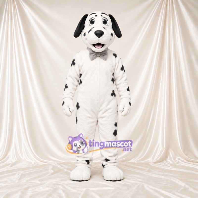 Black and White Dalmatian Mascot Costume - Gray Bow Tie and Sparse Black Spots Black and White Dalmatian Mascot Costume - Gray Bow Tie and Sparse Black Spots