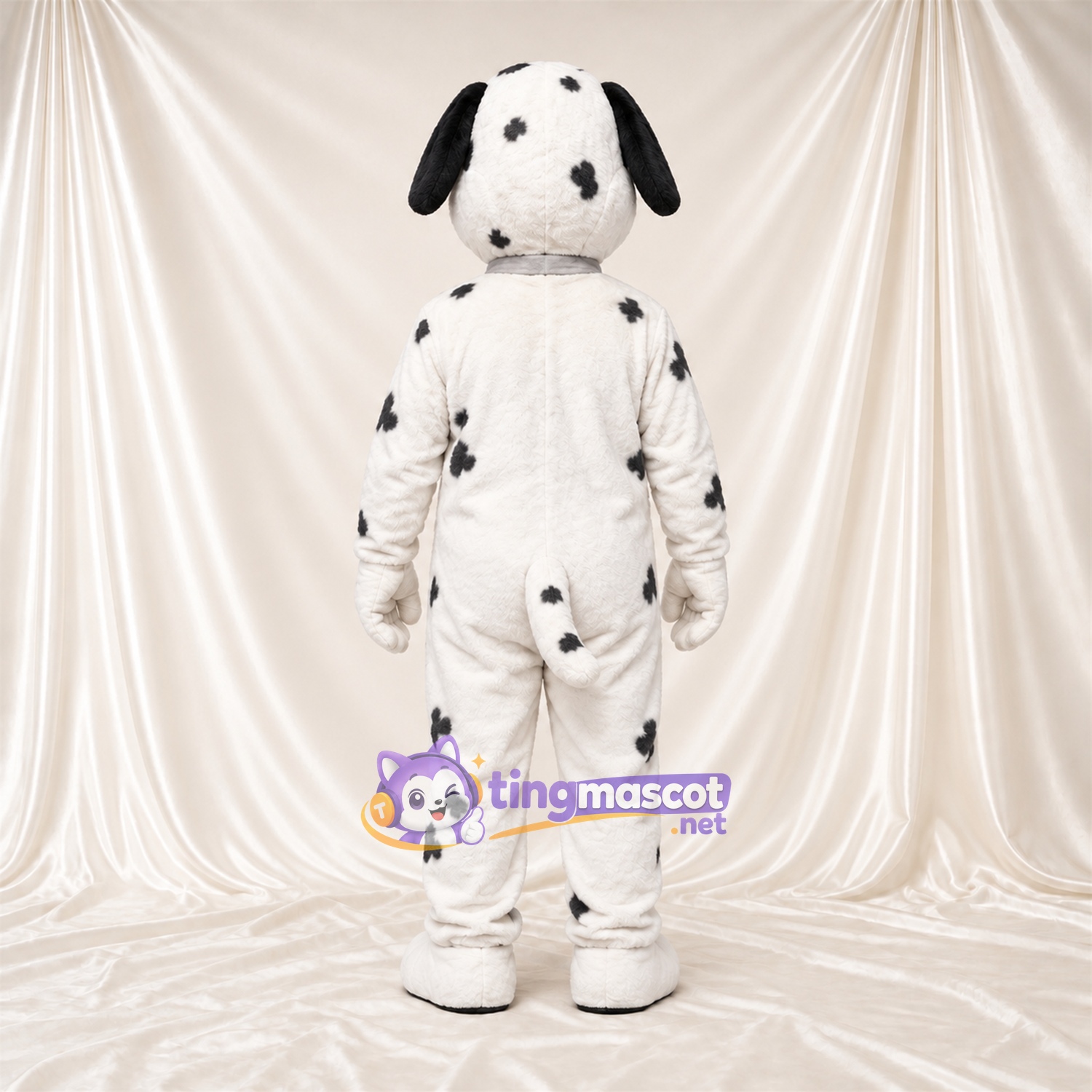 Black and White Dalmatian Mascot Costume - Gray Bow Tie and Sparse Black Spots Black and White Dalmatian Mascot Costume - Gray Bow Tie and Sparse Black Spots