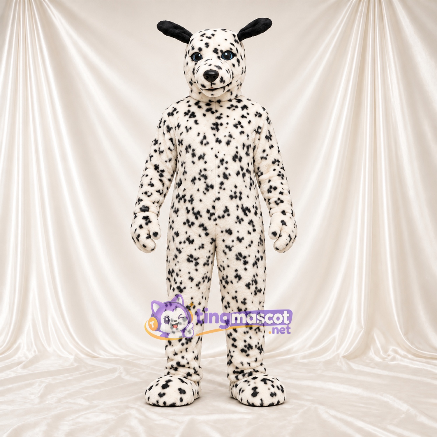 Costume de mascotte Dalmatien – noir / blanc – Oreilles pointues; Petites taches serrées Costume de mascotte Dalmatien – noir / blanc – Oreilles pointues; Petites taches serrées