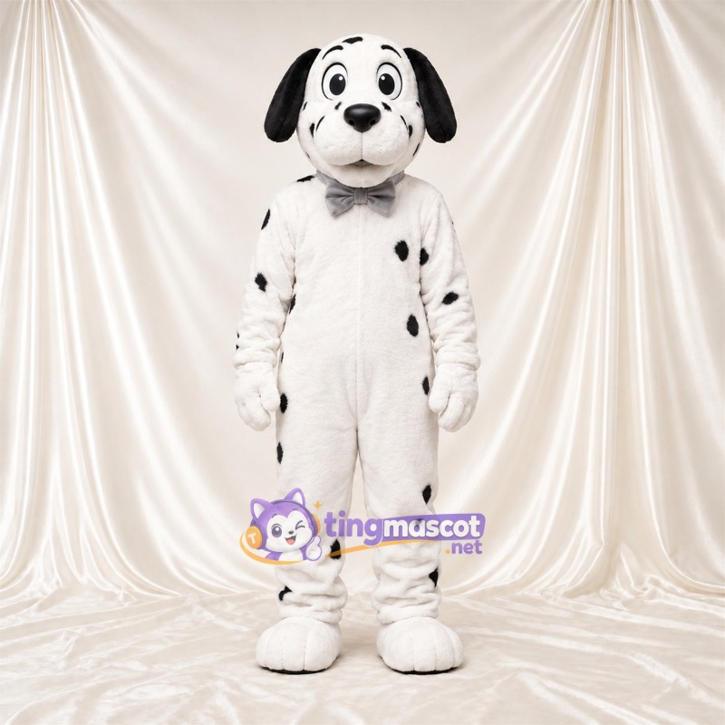 Black and White Dalmatian Mascot Costume - Gray Bow Tie and Sparse Black Spots Black and White Dalmatian Mascot Costume - Gray Bow Tie and Sparse Black Spots