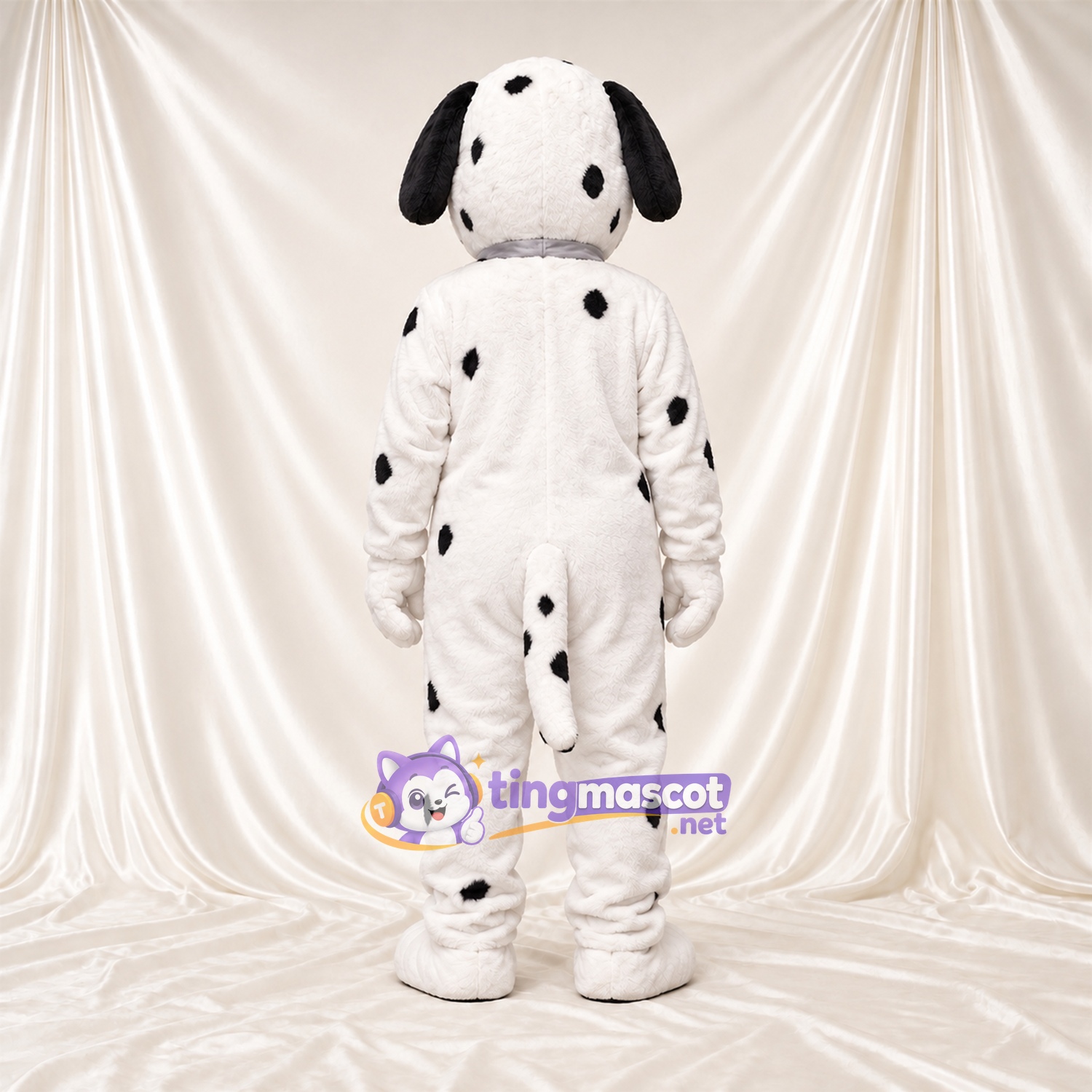 Black and White Dalmatian Mascot Costume - Gray Bow Tie and Sparse Black Spots Black and White Dalmatian Mascot Costume - Gray Bow Tie and Sparse Black Spots