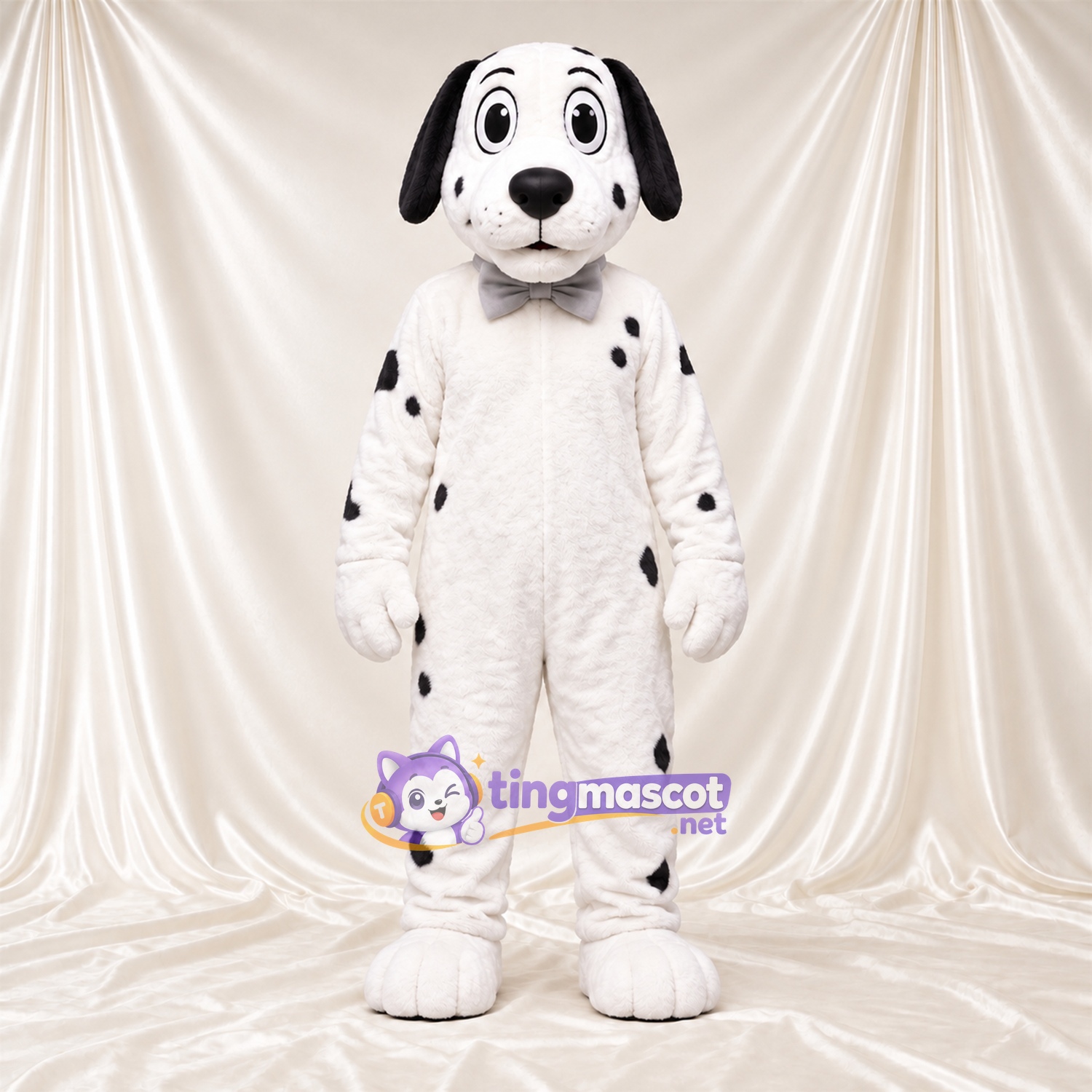 Black and White Dalmatian Mascot Costume - Gray Bow Tie and Sparse Black Spots Black and White Dalmatian Mascot Costume - Gray Bow Tie and Sparse Black Spots