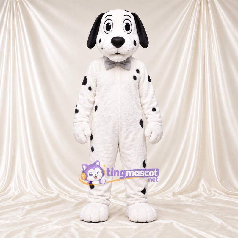 Black and White Dalmatian Mascot Costume - Gray Bow Tie and Sparse Black Spots Black and White Dalmatian Mascot Costume - Gray Bow Tie and Sparse Black Spots