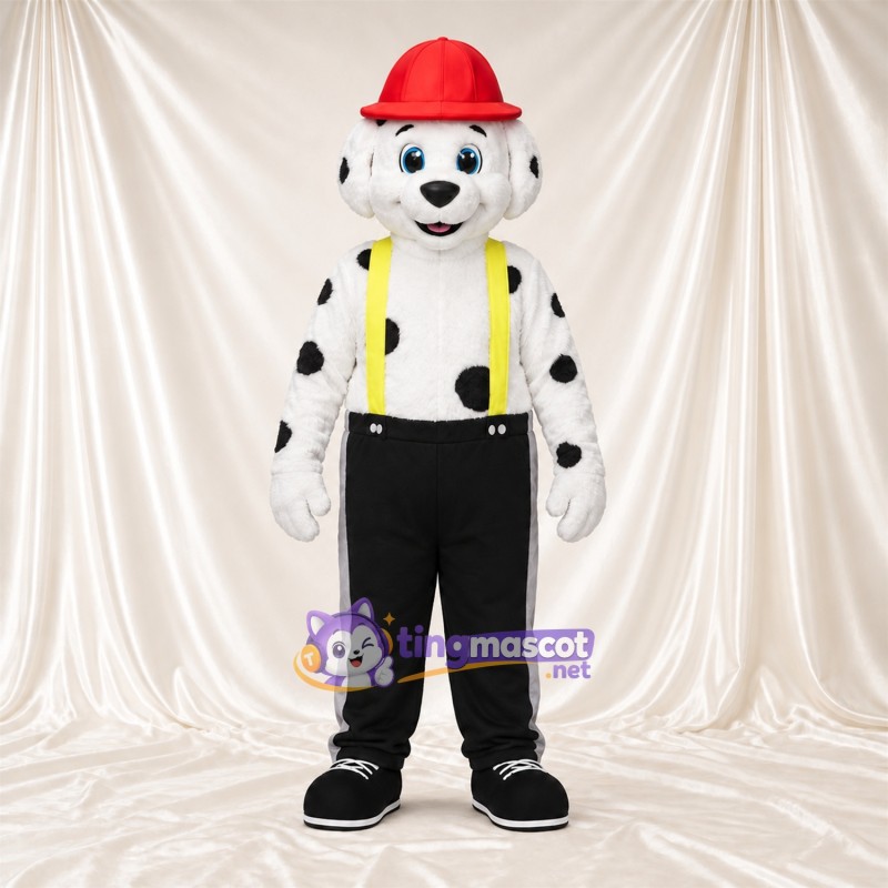 Costume de mascotte Dalmatien – noir / blanc – Casque; Bretelles (jaune) Costume de mascotte Dalmatien – noir / blanc – Casque; Bretelles (jaune)