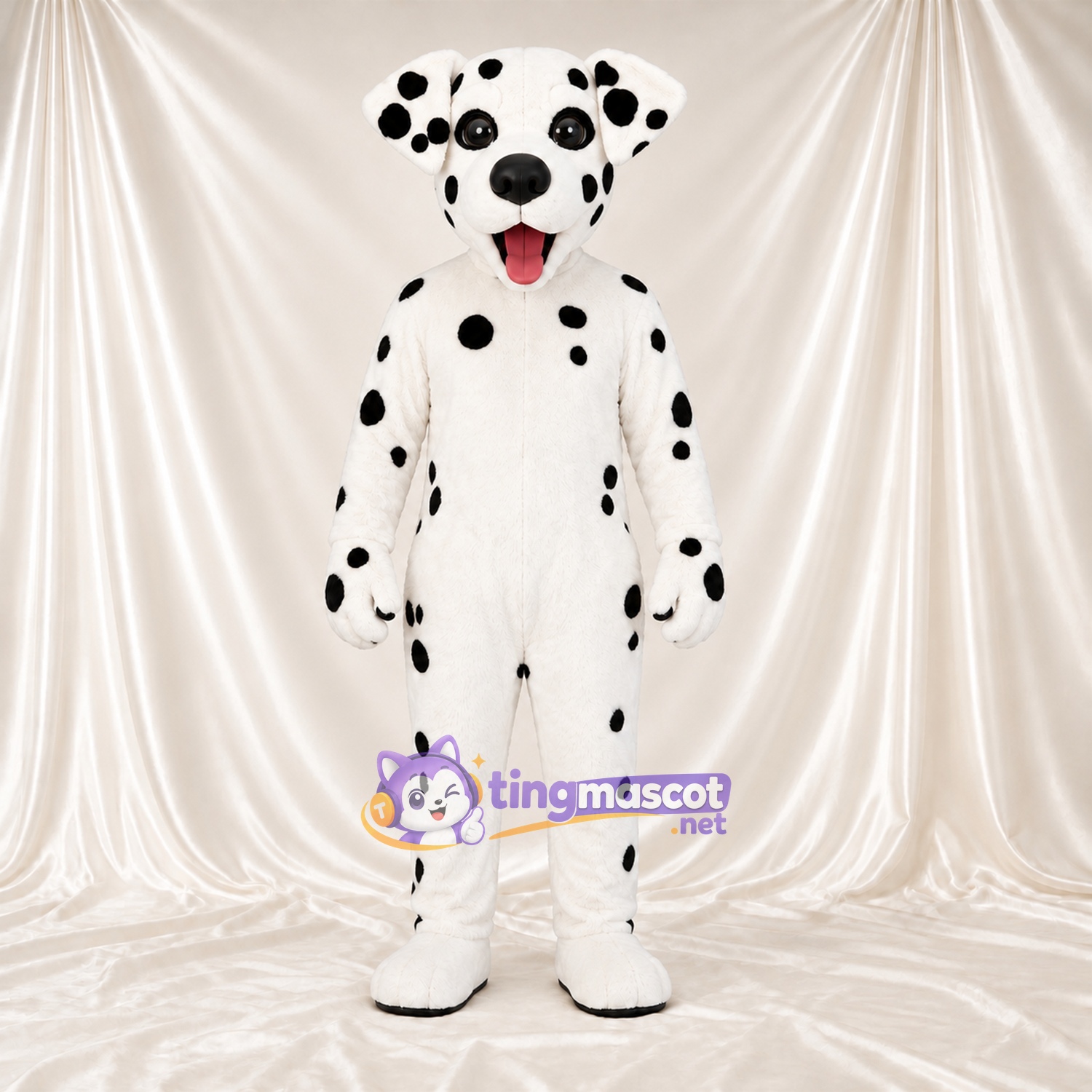 Black and White Dalmatian Mascot Costume - Pink Tongue and Sparse Black Spots Black and White Dalmatian Mascot Costume - Pink Tongue and Sparse Black Spots