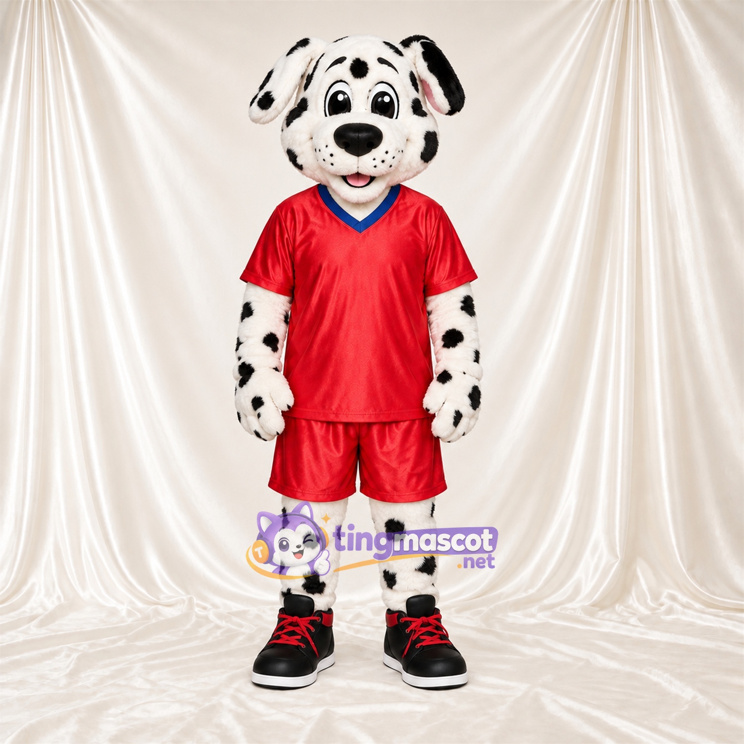 Black and White Dalmatian Mascot Costume - Red Sports Uniform, Blue Collar and Red Sneakers Black and White Dalmatian Mascot Costume - Red Sports Uniform, Blue Collar and Red Sneakers