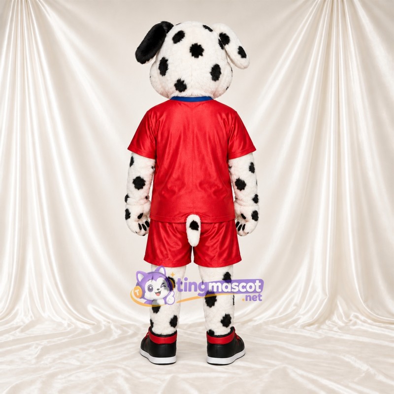 Black and White Dalmatian Mascot Costume - Red Sports Uniform, Blue Collar and Red Sneakers Black and White Dalmatian Mascot Costume - Red Sports Uniform, Blue Collar and Red Sneakers