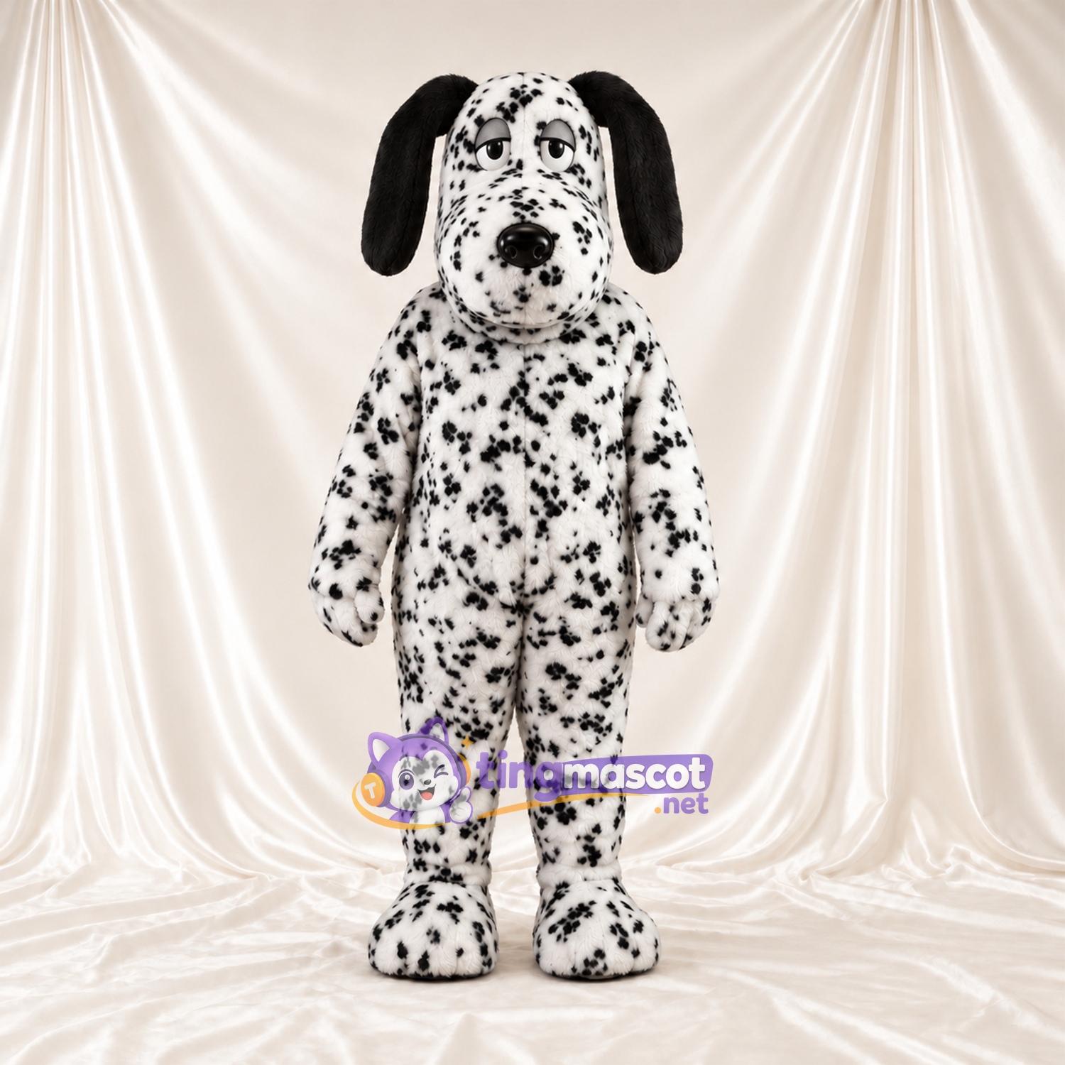 Maskottchenkostüm Dalmatiner – schwarz / weiß – Schlappohren (schwarz); Dichte kleine Flecken Maskottchenkostüm Dalmatiner – schwarz / weiß – Schlappohren (schwarz); Dichte kleine Flecken