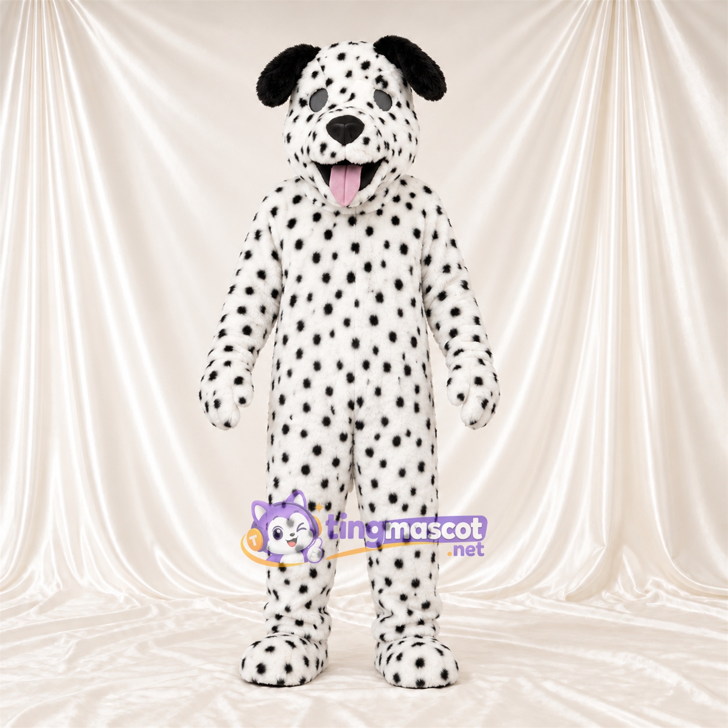 Maskottchenkostüm Dalmatiner – schwarz / weiß – Schlappohren (schwarz); Zunge (rosa) Maskottchenkostüm Dalmatiner – schwarz / weiß – Schlappohren (schwarz); Zunge (rosa)