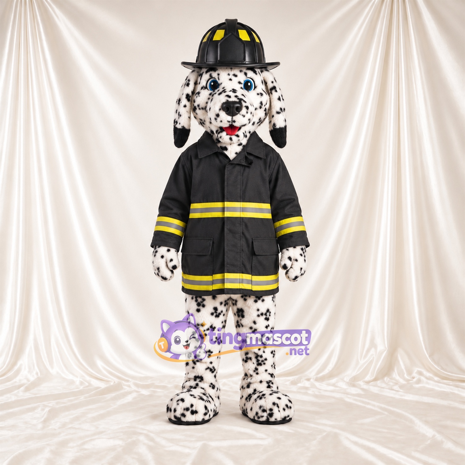 Black and White Dalmatian Mascot Costume - Black Firefighter Jacket and Helmet Black and White Dalmatian Mascot Costume - Black Firefighter Jacket and Helmet