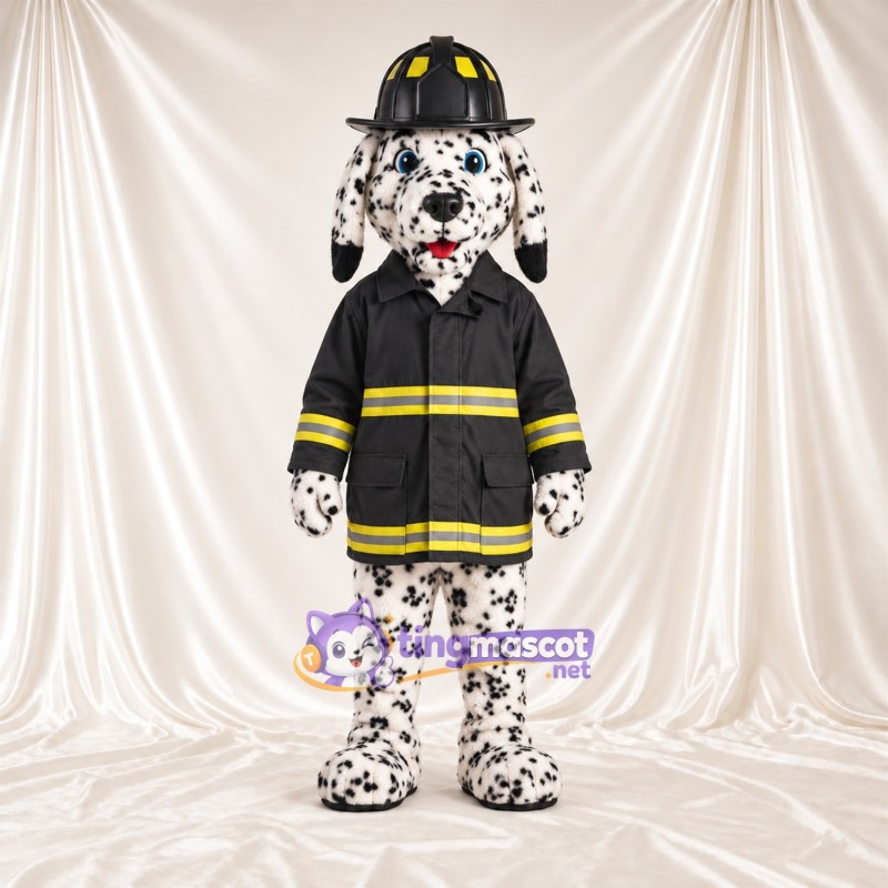 Black and White Dalmatian Mascot Costume - Black Firefighter Jacket and Helmet Black and White Dalmatian Mascot Costume - Black Firefighter Jacket and Helmet