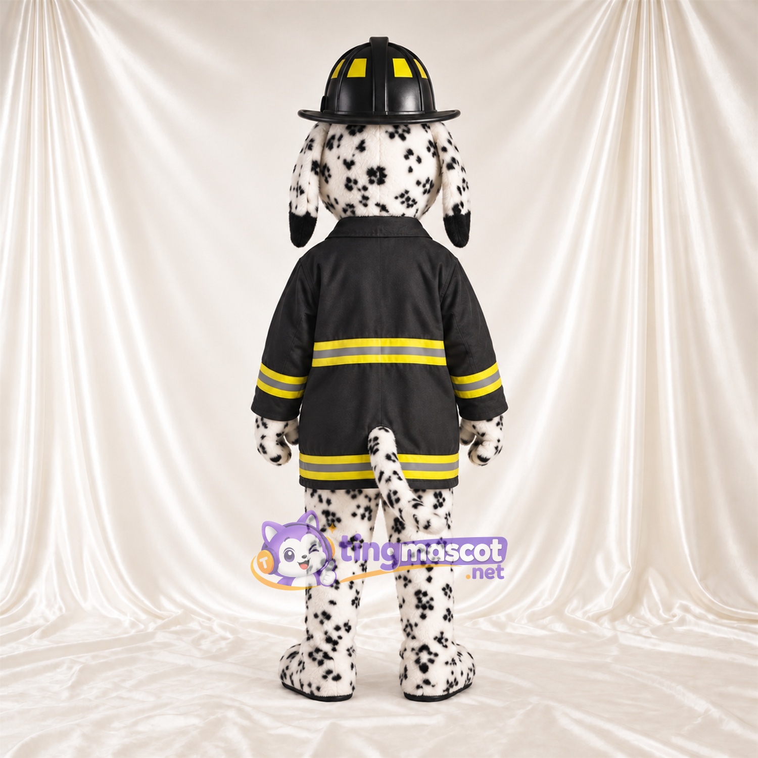Black and White Dalmatian Mascot Costume - Black Firefighter Jacket and Helmet Black and White Dalmatian Mascot Costume - Black Firefighter Jacket and Helmet