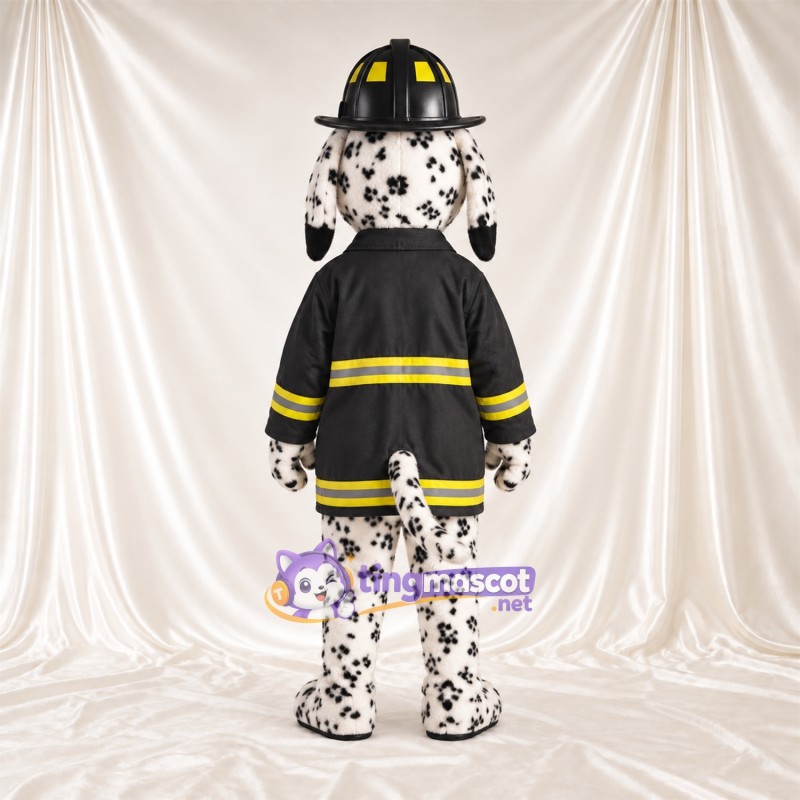 Black and White Dalmatian Mascot Costume - Black Firefighter Jacket and Helmet Black and White Dalmatian Mascot Costume - Black Firefighter Jacket and Helmet