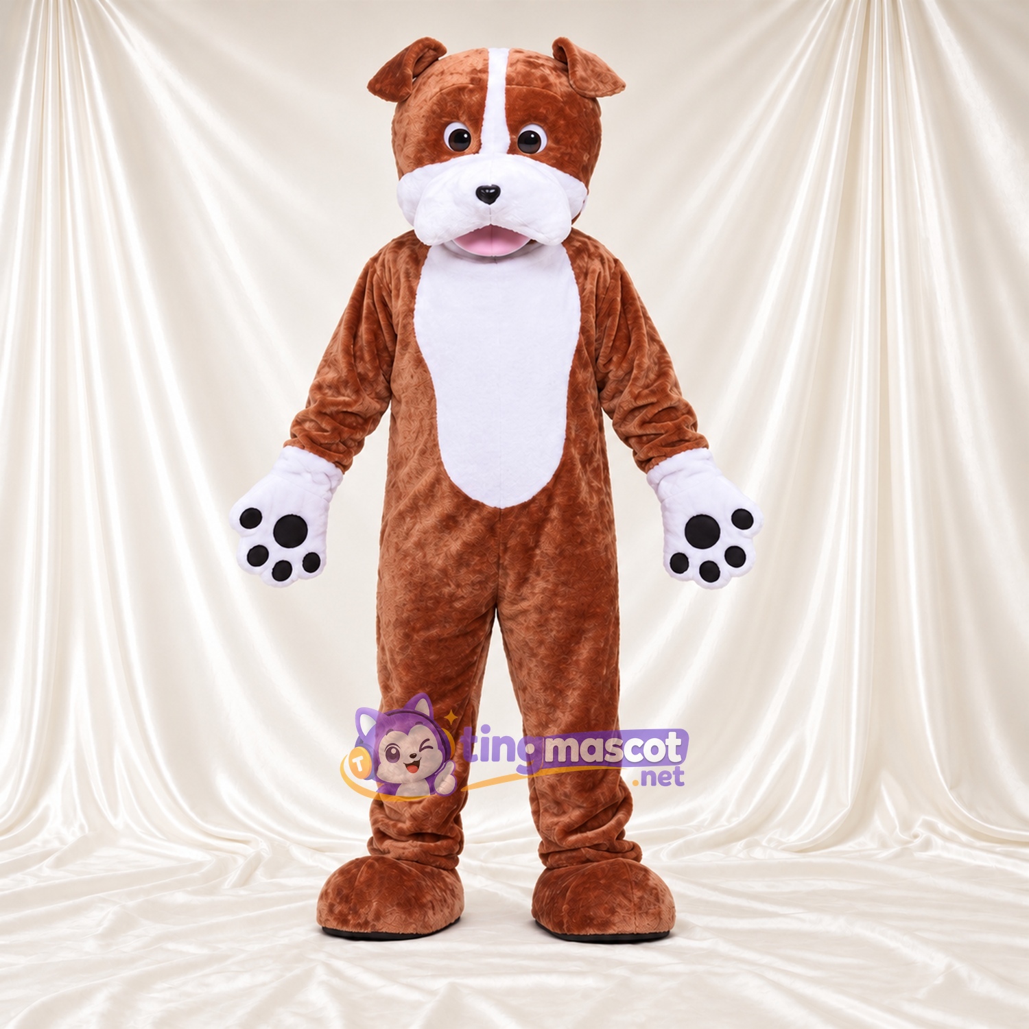 Maskottchenkostüm Hund – braun / weiß – Bauch (weiß); Pfotenballen (schwarz) Maskottchenkostüm Hund – braun / weiß – Bauch (weiß); Pfotenballen (schwarz)