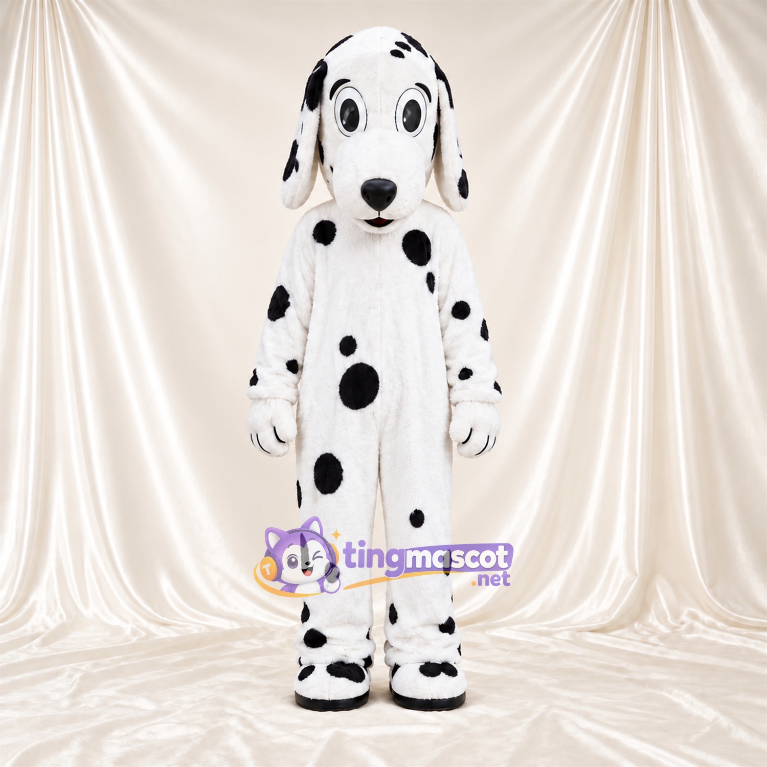 Costume de mascotte Dalmatien – noir / blanc – Longues oreilles; Taches (noir) Costume de mascotte Dalmatien – noir / blanc – Longues oreilles; Taches (noir)