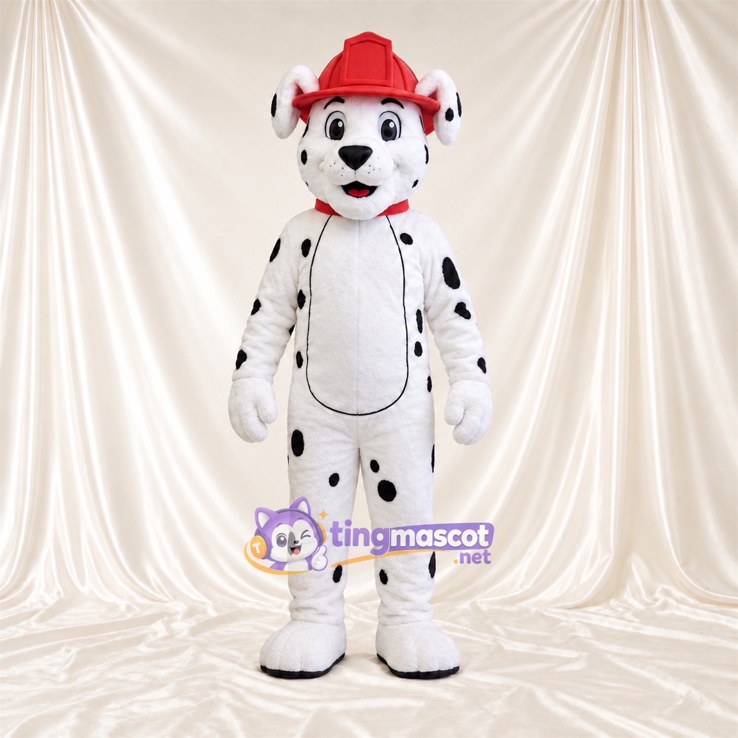 Costume de mascotte Dalmatien – noir / blanc – Casque; Col (rouge) Costume de mascotte Dalmatien – noir / blanc – Casque; Col (rouge)