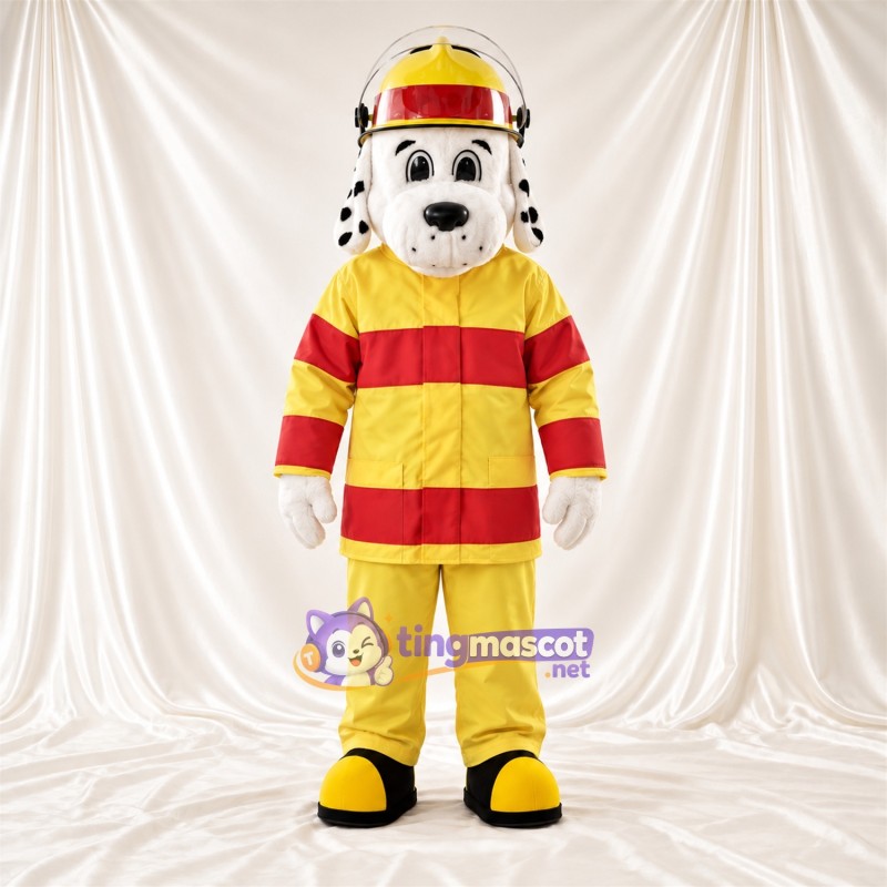 Black and White Dalmatian Mascot Costume - Yellow Firefighter Uniform and Helmet Black and White Dalmatian Mascot Costume - Yellow Firefighter Uniform and Helmet