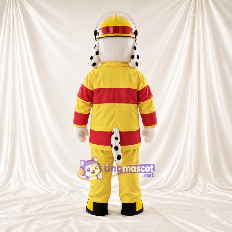 Black and White Dalmatian Mascot Costume - Yellow Firefighter Uniform and Helmet Black and White Dalmatian Mascot Costume - Yellow Firefighter Uniform and Helmet