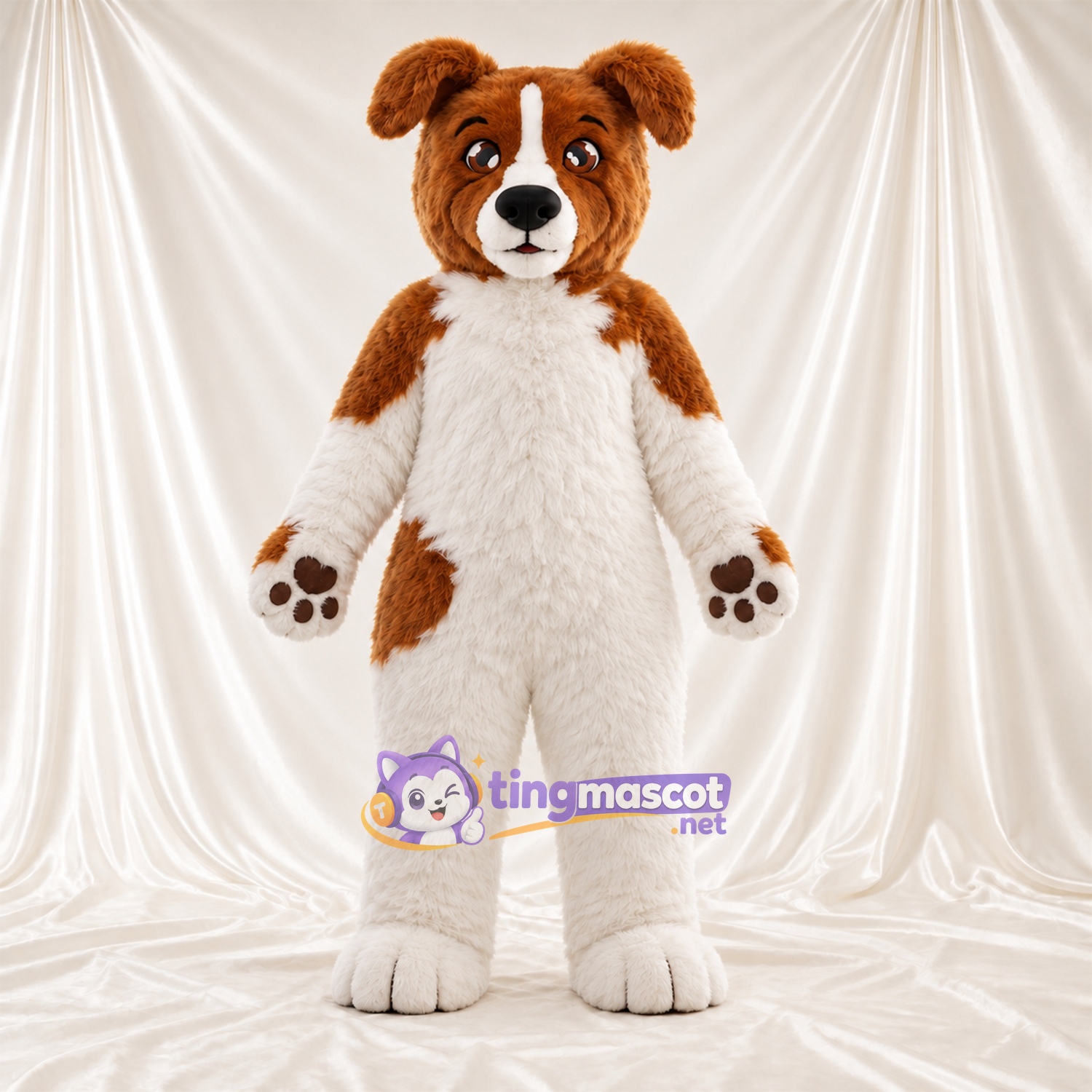 Costume de mascotte Chien – marron / blanc – Coussinets (marron); Bas des jambes (blanc) Costume de mascotte Chien – marron / blanc – Coussinets (marron); Bas des jambes (blanc)