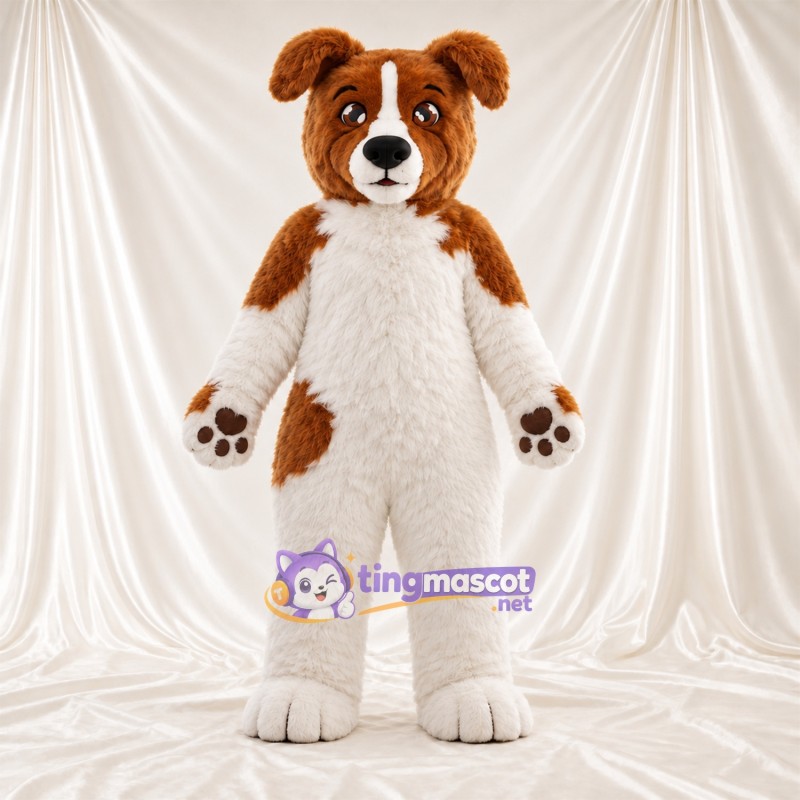 Costume de mascotte Chien – marron / blanc – Coussinets (marron); Bas des jambes (blanc) Costume de mascotte Chien – marron / blanc – Coussinets (marron); Bas des jambes (blanc)