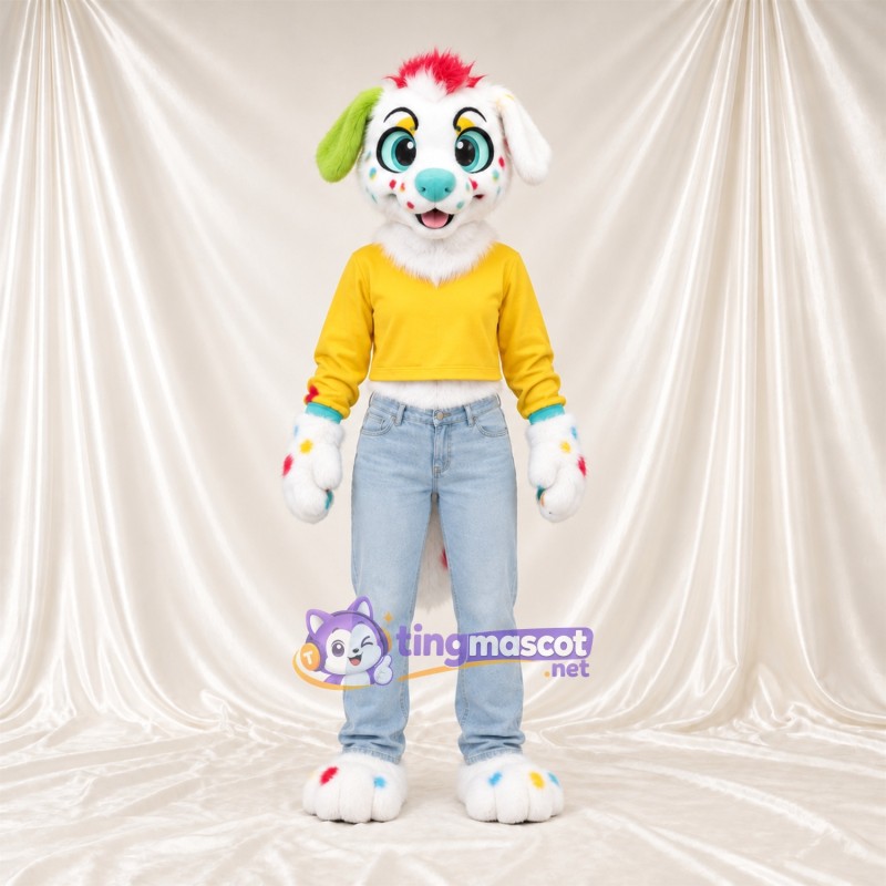 Costume de mascotte Chien – blanc – Taches (multicolore); Chemise (jaune) Costume de mascotte Chien – blanc – Taches (multicolore); Chemise (jaune)