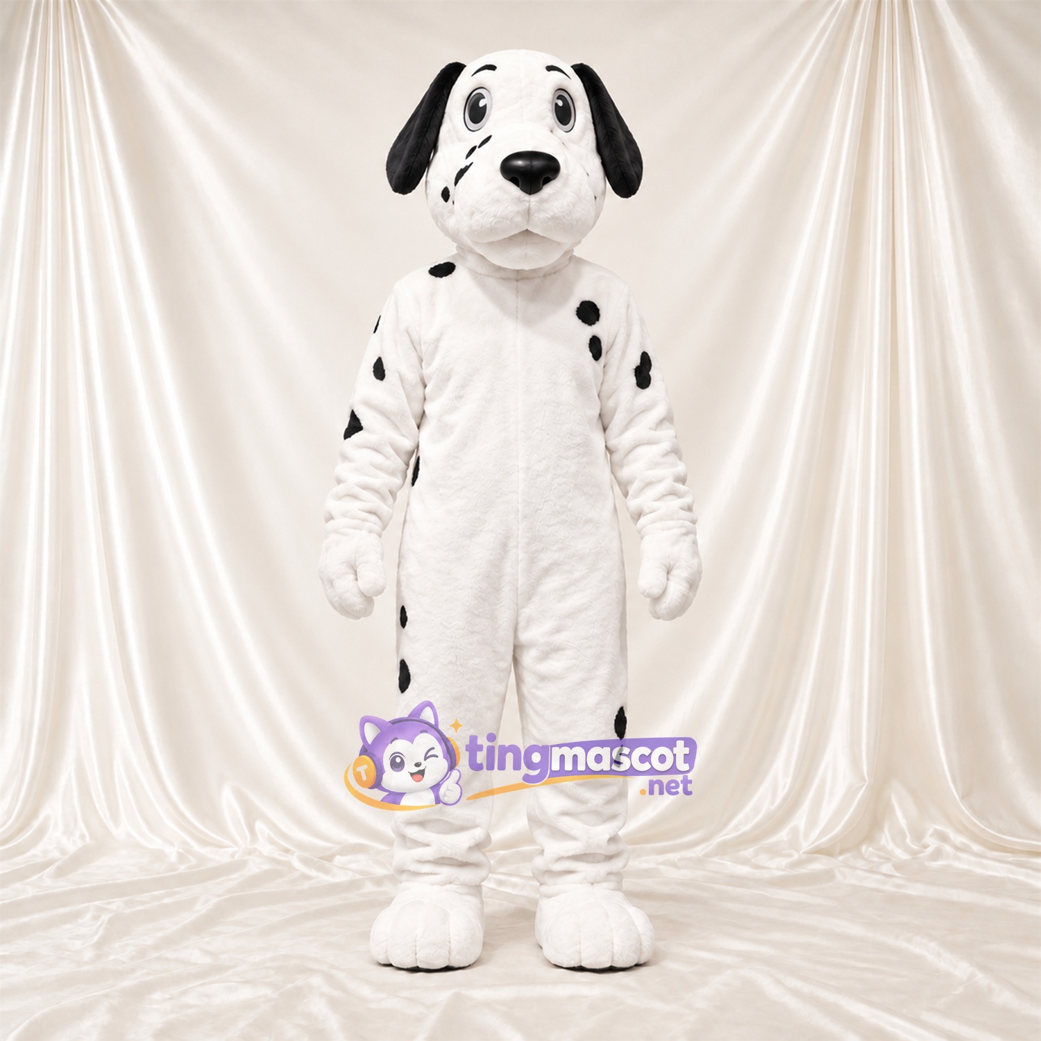Black and White Dalmatian Mascot Costume - Gray Bow Tie and Sparse Black Spots Black and White Dalmatian Mascot Costume - Gray Bow Tie and Sparse Black Spots