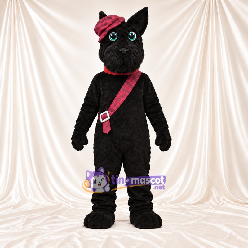 Maskottchenkostüm Katze – schwarz – Baskenmütze (bordeauxrot); Tasche Maskottchenkostüm Katze – schwarz – Baskenmütze (bordeauxrot); Tasche