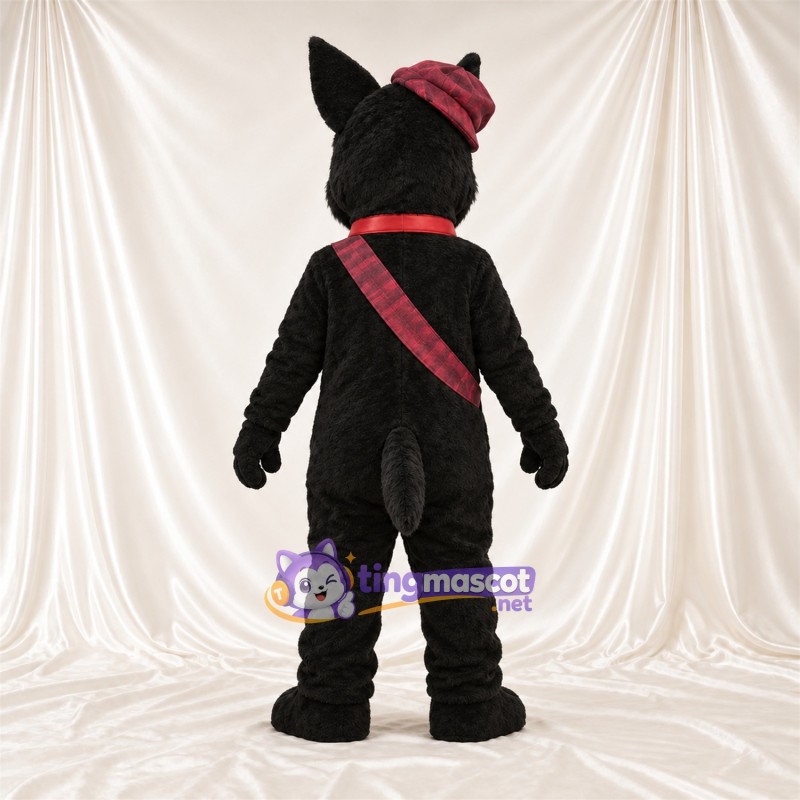 Costume de mascotte Chat – noir – Béret (bordeaux); Sac Costume de mascotte Chat – noir – Béret (bordeaux); Sac