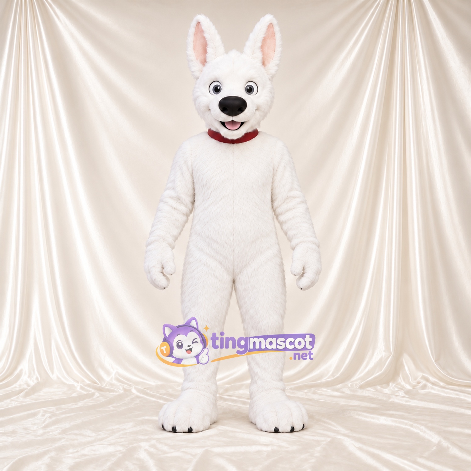 Costume de mascotte Husky – blanc – Griffes (noir); Col (rouge) Costume de mascotte Husky – blanc – Griffes (noir); Col (rouge)